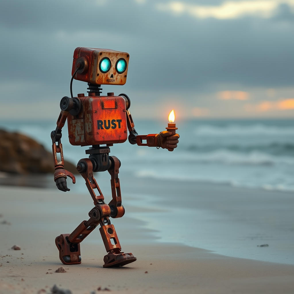 rusty robot holding a candle